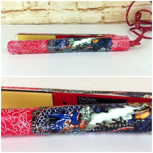 HerStyler Tattoo Flat Iron 1” Red Ceramic Hair Straightener Dual Voltage Y2K - Picture 6 of 14
